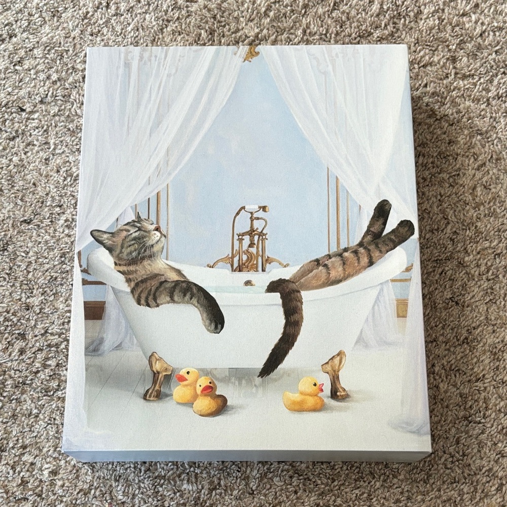 Cat in Bathtub Canvas Wall Art - Relaxing Tabby Painting